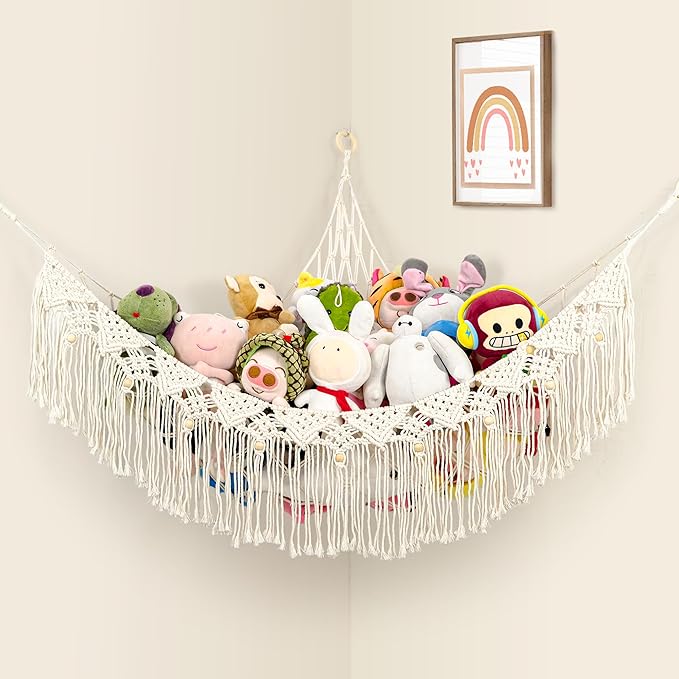 FLOCNOKY Large Stuffed Animal Net or Hammock, Stuffed Animal Storage Macrame Toy Hammock Hanging Net for Stuffed Animals Corner, Plushie Net Hammock Toy Organizer for Boho Kids Room Nursery Playroom