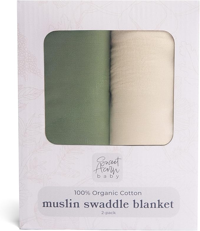 Sweet Acorn Muslin Swaddle Blanket – Soft Cotton Muslin Baby Blanket for Newborns, Infants, and Toddlers, All-Season Comfort Baby Essential - Green and White