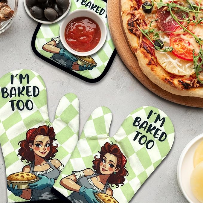 Funny Baking Oven Mitts and Pot Holders Set of 3, I'm Baked Too, Heat Resistant Non-Slip Kitchen Mitts Hot Pads, Baking Gifts for Hostess, Sweet Housewarming Gifts for Mom Wife Bake Lover