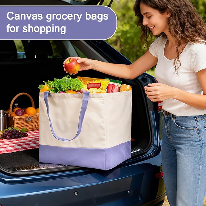 CNaiyunpin Reusable Grocery Bags Heavy Duty, 8.3 gal Foldable Large Canvas Tote Bag with Handles, Holds 60 lbs Canvas Shopping Bags, 1 Pack（Off White+Light purple）
