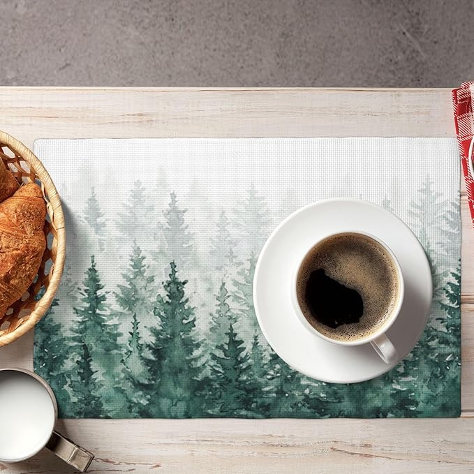 Forest Placemats, Vintage Rustic Watercolour Natural Green Misty Valley Forest Print Washable Fabric Placemats Table Kitchen Dining Party 12x18 Inch Set of 4