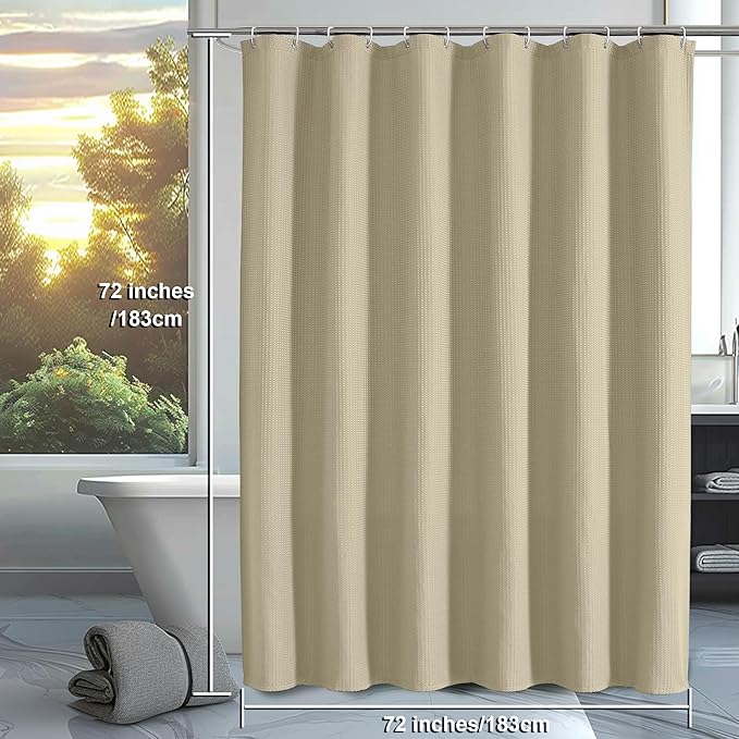 OVZME Waffle Shower Curtain Set for Bathroom, Textured Heavy Duty Fabric Bath Curtains, Luxury Hotel Weighted 230GSM Bathroom Decor with 12 Plastic Hooks, Machine Washable, 72Wx72L, Taupe