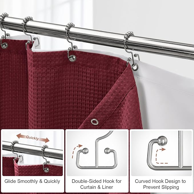 ROLIZOE 3-in-1 Waffle Texture Shower Curtain Set with TPU-Coated Waterproof Liner and 12 Upgraded Double-Sided Hooks, Well-Matched Sizes for a Seamless Fit – Burgundy, 72" x 72"