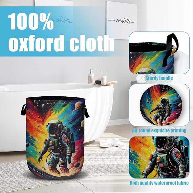 Astronaut Space Laundry Basket, Laundry Hamper Collapsible Oxford Cloth with Handle Clothes Toy Storage Bin for Bathroom Laundry Room Bedroom 15.7 X 20 Inch