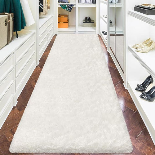 3x10 Feet White Soft Shag Runner Rug for Bedroom Fuzzy Fluffy Rugs with Non-Slip Bottom for Hallway Bedside Living Room Dorm, Furry Area Rug for Nursery Playroom Indoor Home Decor