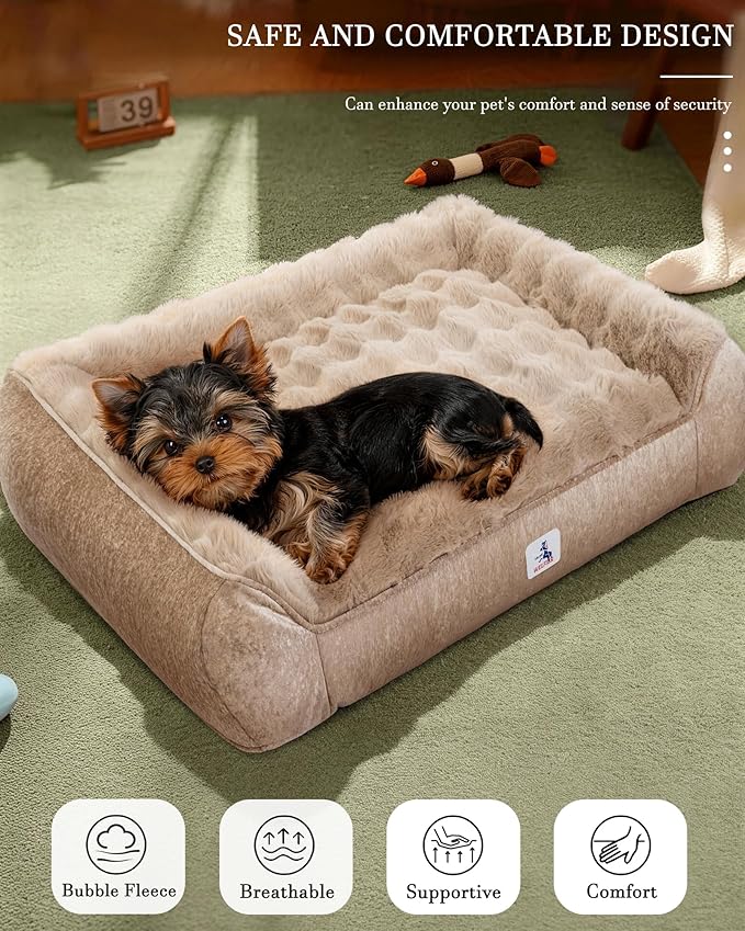 Welfibr Dog Bed 100% Washable Faux Fur Dog Beds Small Size Dog Orthopedic Dog Bed with Sides Elevated Dog Bed Comfort Pet Beds with Removable Cover Noiseless Supportive Dog Couch Anti-Slip Brown 35"