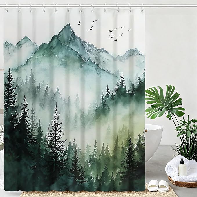 mutakin Mountain Tree Shower Curtain Watercolor Landscape Shower Curtains for Bathroom Waterproof Fabric Bath Curtain Decor with Hooks