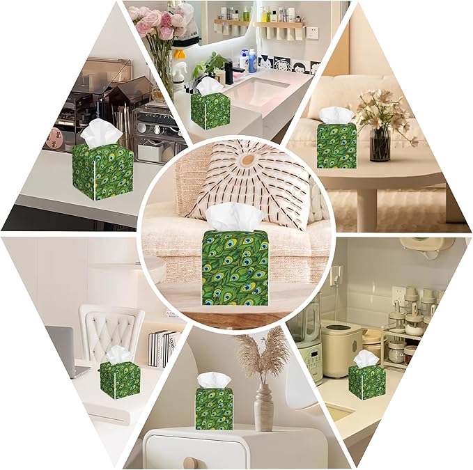 BLYKVGHQ Leather Tissue Box Holder Peacock Feather Tissue Box Cover Facial Paper Case Organizer Cube Napkin Dispenser for Bathroom Vanity Countertop Night Stand Office Car