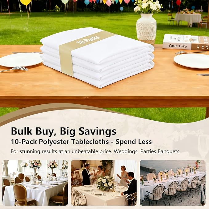 White Tablecloths Rectangular 10-Pack, 60x126 Inch Table Cloth for Rectangle Tables - Polyester Fabric Tablecloth, Reusable & Washable Table Cover
