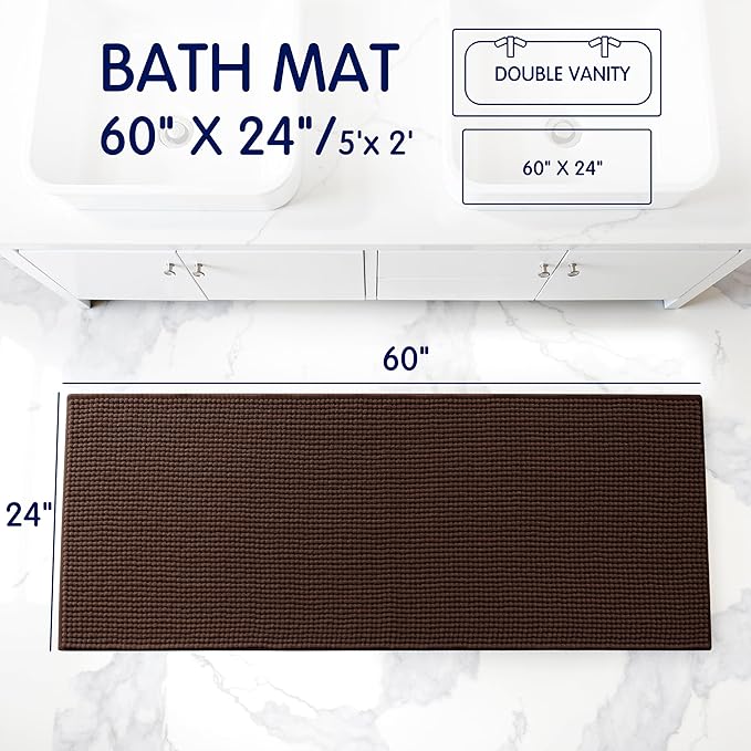 SUBRTEX Bathroom Rugs, 24" x 60" Chenille Bath Rug Soft Short Plush Bath Mat Soft Shower Mat Water Absorbent Shower Mat Quick Dry Machine Washable, Chocolate