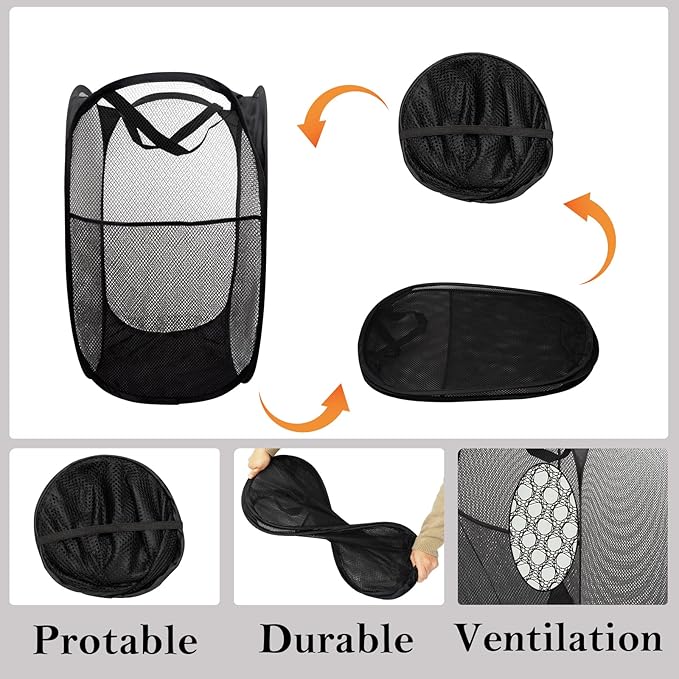 sscikeas Pop Up Laundry Basket，Collapsible and Portable Clothes Washing Laundry Hamper with Side Pocket and Reinforced Carry Handles for College Dorm or Travel，2 Packs Black（23 x 15 inches)