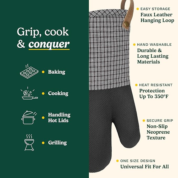 Cuisinart Heritage Kitchen Oven Mitts – Heat-Resistant Mitts for Oven with Non-Slip Neoprene Palm, Long Cuff, and Cotton Filling – Durable Oven Gloves for Cooking, Baking & Grilling (Microplaid)