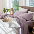 MooMee Bedding Sheet Set 100% Washed Cotton Linen Like Textured Breathable Durable Soft Comfy (Heathered Light Purple, Full)