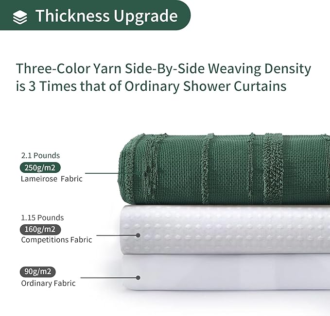 Lameirose Dark Green Shower Curtain Boho, Cotton Blend Waffle Shower Curtain Textured, Fabric Shower Curtains for Bathroom, Hotel, 72 x 72