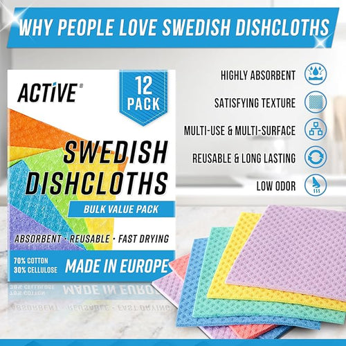 ACTIVE Swedish Dish Cloths for Kitchen 12 Pack Cellulose Sponge Cloth, Washable Dishcloths for Washing Dishes, Original European Dish Towels, Absorbent Reusable Paper Towels - Multicolor Assorted