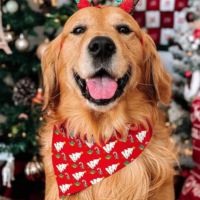 Christmas Dog Bandanas Reversible 2 Pack, Cute Santa Claus Xmas Tree Christmas Pet Bandanas Set Adjustable Triangle Winter Xmas Holiday Scarves for Medium Large Extra Large Boy Girl Dogs
