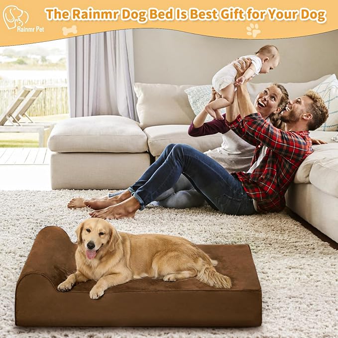Rainmr Orthopedic Dog Beds for Large Dogs, 7" Memory Foam Dog Beds with Waterproof Liner, Durable Microsuede Cover, Removable and Washable, Nonskid Bottom, 52"x36"x7" XL Chocolate
