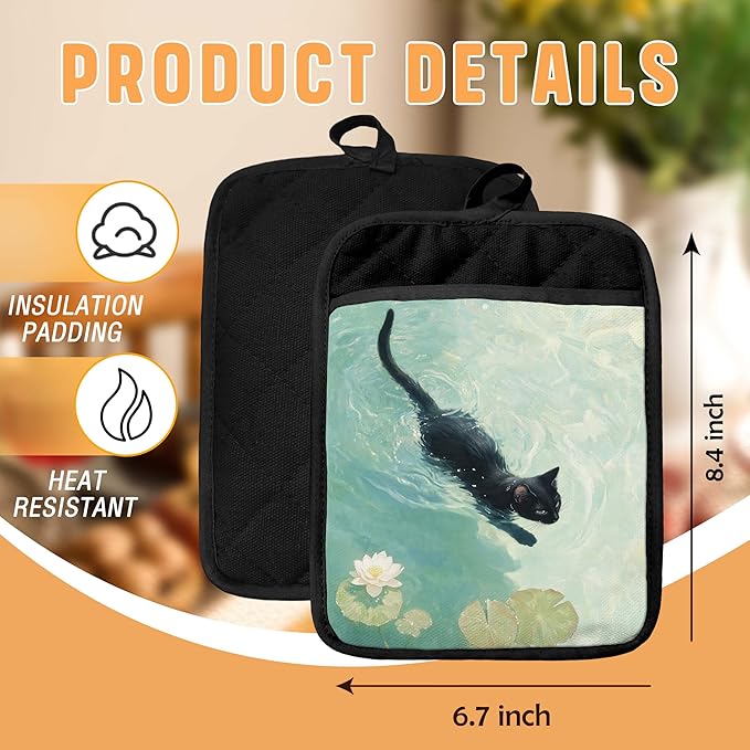 Black Cat Swimming in Waterlilies Pot Holders with Pockets, Cat Kitchen Decor, Whimsical Funny Black Kitten Oven Pot Holders Heat Resistant Oven Mitts Hot Pads for Kitchen Baking Cooking