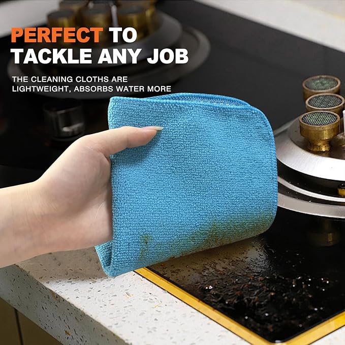 KinHwa Kitchen Washcloths for Dishes Absorbent Microfiber Dish Cloths Quick Dry Dish Rags with Poly Scour Scrub Side Ideal for Kitchen Cleaning (Blue, 12inchx12inch 9 Pack)