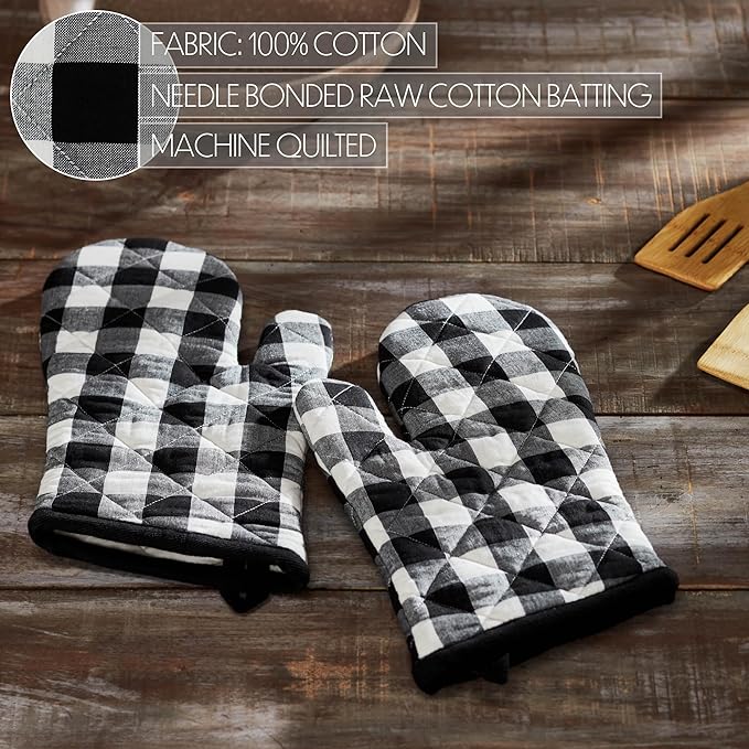 VHC Brands Cotton Oven Mitt Set of 2, Heat Resistant, Baking Glove Pot Holder, Kitchen Mitts, Annie Buffalo Check Collection, 12.5x8, Country Black & White Checkered