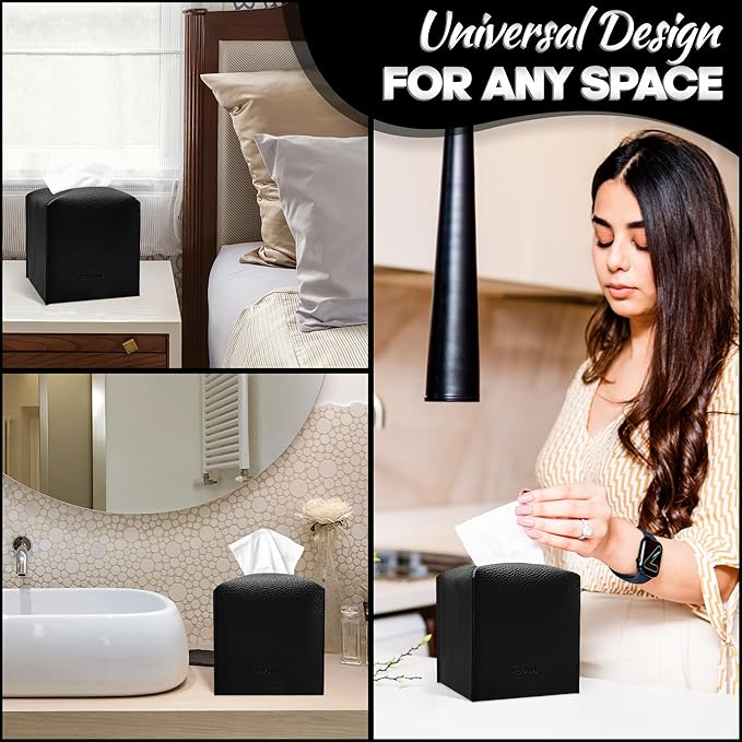 Tissue Box Cover Holder, PU Leather Tissue Box Cover Square with Bottom Belt, Cube Tissue Holder for Bathroom, Modern Organizer for Car, Office, Tabletop (Black, 14 Leather Patterns)