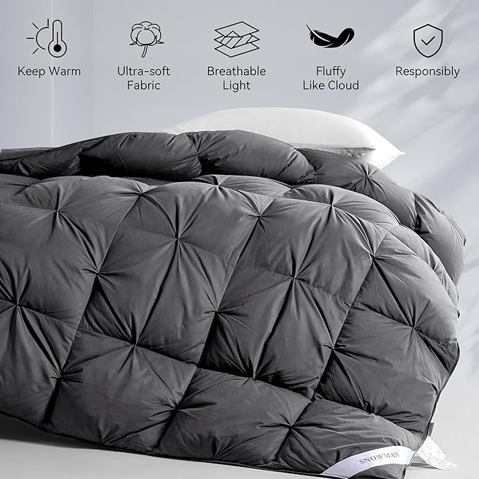 SNOWMAN Premium Down Comforter Cal King Size, Luxurious All Season Duvet Insert with Cotton Blended Fabric, Pinch Pleat Design Hotel Bedding Comforter (Grey,108"x98")
