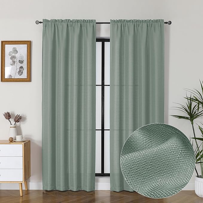 Lecloud Bessie Sage Green Curtains 84 Inches Long 2 Panels, Faux Linen Textured Light Filtering Curtains for Living Room/Bedroom, Farmhouse Window Treatments Home Decor, Each 40 W x 84 L
