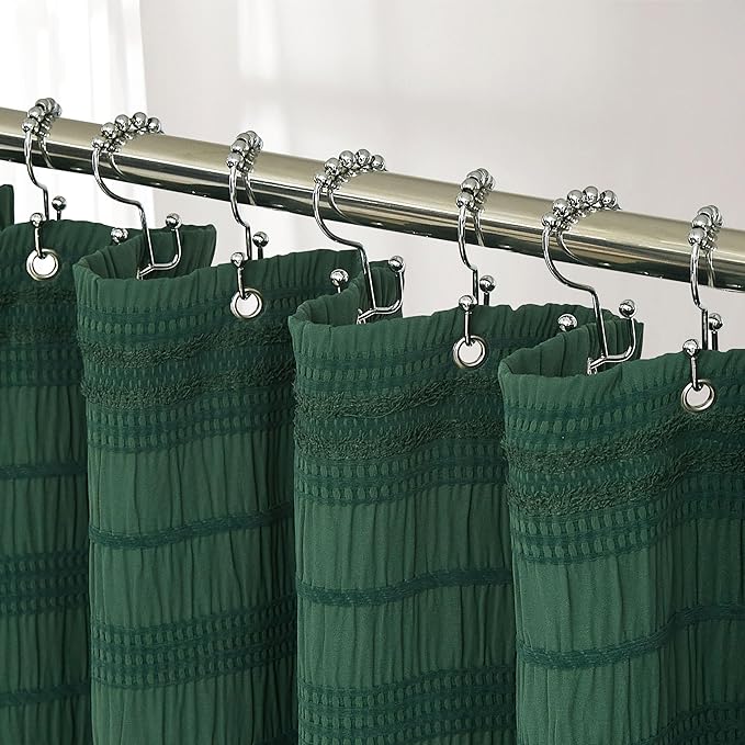 Siiluminisoy Extra Long Dark Green Boho Shower Curtain 72 x84 Cotton Blend Tufted Fabric Waffle Textured Farmhouse Shabby Chic Rustic Minimalist Striped for Bathroom, Hotel