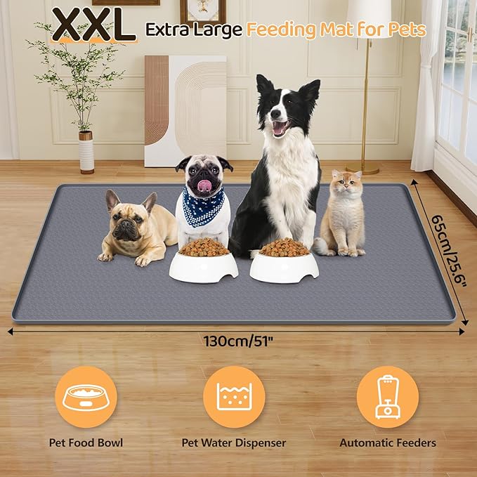 Bartuke Dog Food Mat, Extra Large 51" x 25.6" Silicone Pet Feeding Mat with Raised Edge Pet Placemat for Small, Medium, and Large Pets Non-Slip, Easy to Clean (Dark Grey)