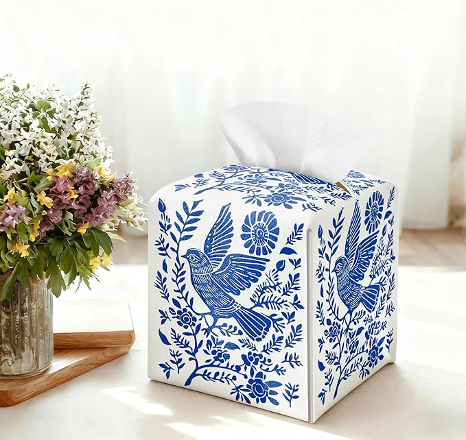 Blue Tissue Box Holder, Scandinavian Boho Bird Leather Tissue Box Cover Square, Paper Napkins Everyday Dispenser for Bathroom Vanity Countertop Night Stands Kitchen Office Car Home Decor