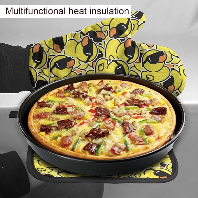 Funny Rubber Duck with Sunglasses Oven Mitts and Pot Holders Insulated Gloves & Kitchen Counter Safe Mats for Cooking BBQ Baking Grilling (2-Piece Set)