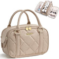 Bagstellar Travel Makeup Bag, Large Capacity Quilted Toiletry Bags for Women, Wide-open Cosmetic Bags Make Up Case Organizer Portable Pouch with Handle & Brush Holder for Traveling Accessories, Camel