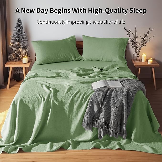 LBRO2M 100% Linen Sheet Set Twin Size,Bed Sheets 3 Piece Sets,Solid Color Natural Flax Bed Sheets Soft Breathable Bedding,16" Deep Pocket,All Season (Twin, Green)