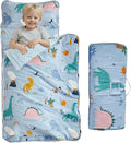 Cotton Toddler Nap Mat with Zipper,Detachable Minky Blanket and Removable Pillow,Soft Slumber Bags for Boys,Kids Sleeping Bag for Daycare Preschool Kindergarten,Dinosaur Toddler Sleeping Mat - Blue
