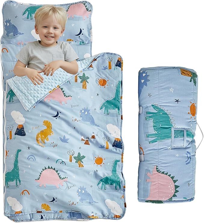 Cotton Toddler Nap Mat with Zipper,Detachable Minky Blanket and Removable Pillow,Soft Slumber Bags for Boys,Kids Sleeping Bag for Daycare Preschool Kindergarten,Dinosaur Toddler Sleeping Mat - Blue