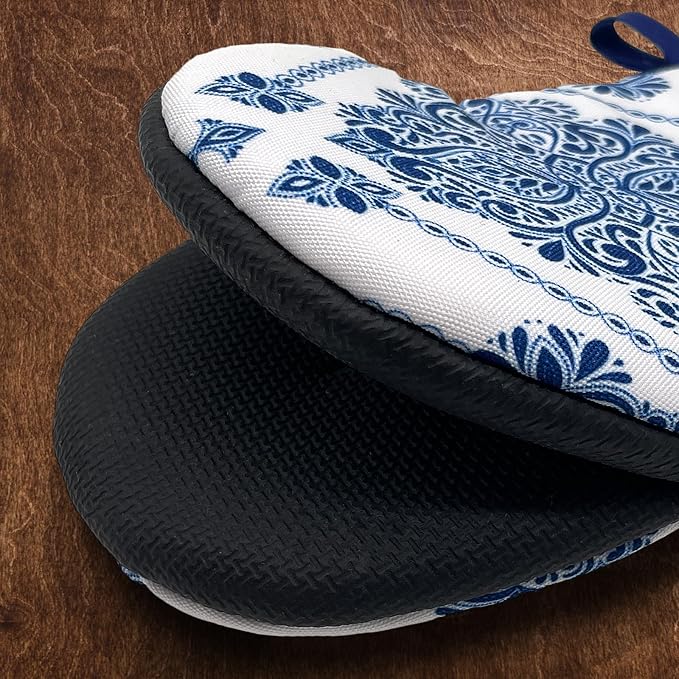 Vintage Navy Blue Floral Boho White Mini Silicone Oven Mitts, Heat Slip Resistant Kitchen Gloves 2-Pack Set, Soft Short Small Oven Mittens Pot Holders for Baking Grilling Barbecue Microwave Gift