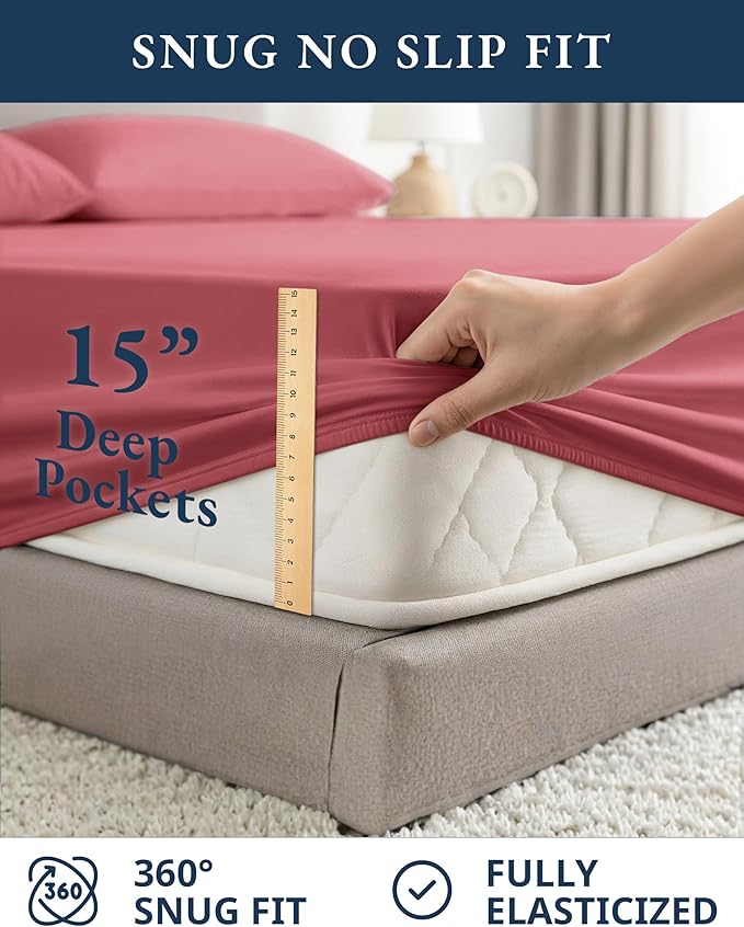 LANE LINEN 100% Organic Cotton Bed Sheets Full Size, Fully Elasticized Sustainably Produced Soft & Comfy, Machine Washable Naturally Cooling Full Sheet Deep Pocket Bedding - Mineral Red