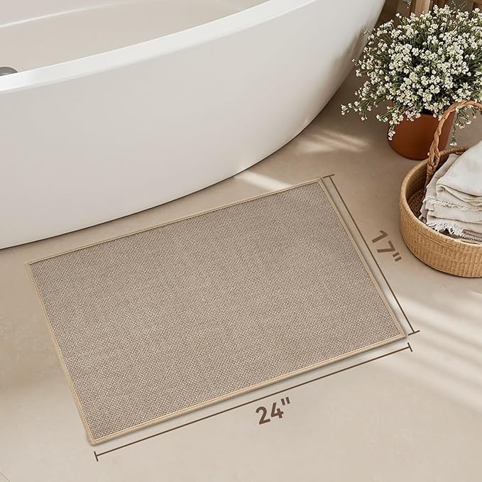 MontVoo Bath Mat Rug-Ultra Thin Non Slip Bath Mats for Bathroom Mat Quick Dry, Rubber Backing Washable Bathroom Rugs Fit Under Door, Absorbent Bath Rugs for Floor,17"x24",Beige