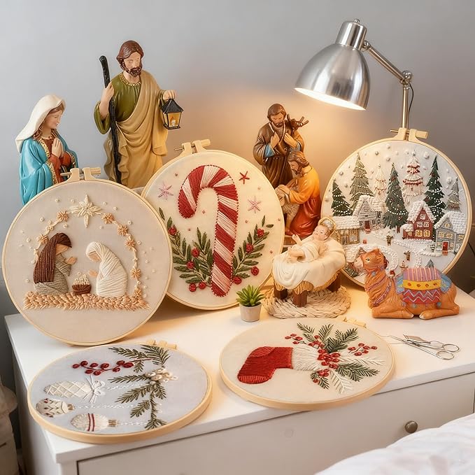 QBQBQ 4 Sets Embroidery Kits for Beginners, Cross Stitch Kit with Videos, Patterns, Needles, Threads, Bamboo Hoop & Supplies, Includes Winter Designs, Holiday Gifts & Home Decor Art (Christmas Kits A)