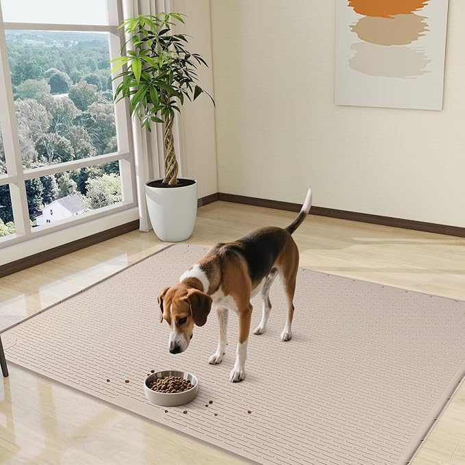 Bartuke Dog Food Mat, Extra Large 50" x 35" Silicone Pet Feeding Mat with Raised Edge Pet Placemat for Small, Medium, and Large Pets Non-Slip, Easy to Clean (Khaki)