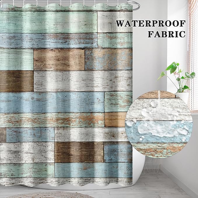 Culudea Wood Rustic Vintage Blue Brown Waffle Textured Cloth Shower Curtain Set, Farmhouse Retro Bathroom Window Waterproof Shower Curtains for Bathroom Decor