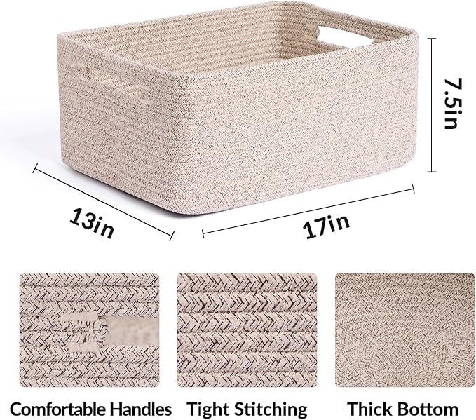 MiniArk Large Storage Baskets for Shelves, Closet Organizers Bins for Clothes Blanket Towels, Baby Nursery, Toy Baskets Box, Woven Rope Baskets, 17 x 13 x 7.5”, 2 Packs Mixed Brown