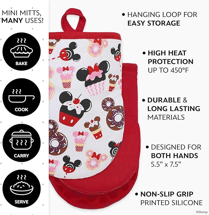 Disney Oven Mitts - 5.5” x 7.5” Heat-Resistant Mini Oven Mitts with Non-Slip Printed Silicone Disney Silhouettes - Mickey & Minnie, Stitch, Winnie The Pooh