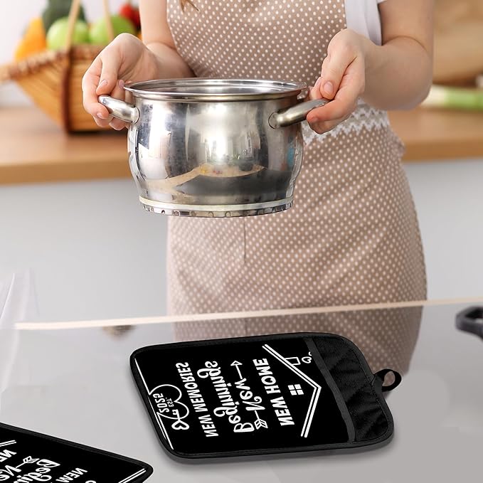 Housewarming Gifts Pot Holders with Pockets, New Home New Beginnings Memories Oven Pot Holders Heat Resistant Oven Mitts Hot Pads for Kitchen Baking Cooking