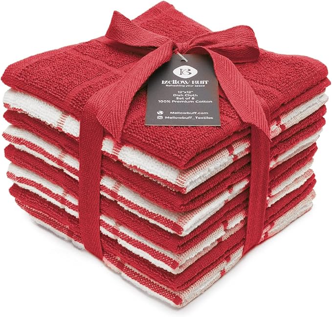 Mellow Buff 100% Cotton Terry Dish Cloth & Dish Towel, 6 Pack, Super Soft and Absorbent Kitchen Towels, Perfect for Kitchen Cleaning and Dish Washing (RED (Solid and Checks) 8 Pack)
