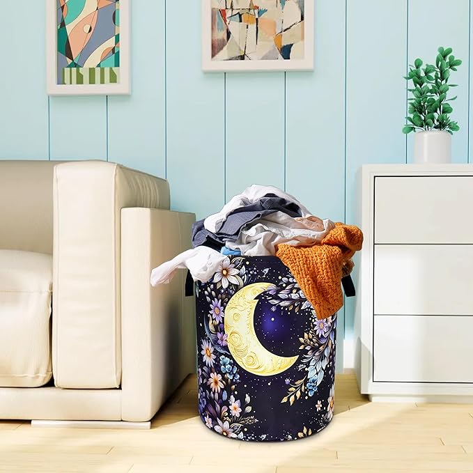 Moon Floral Laundry Basket Oxford Cloth Night Flowers Laundry Hamper With Handle Foldable Portable Clothes Storage Basket 18.9 X 16.5 In Storage Bag For Laundry Room/Bathroom/Bedroom