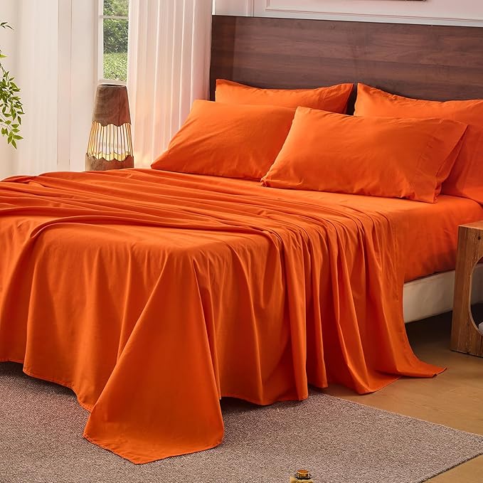 Bedlifes 100% French Pure Linen Sheets California King Size Breathable and Cooling Flax Sheet Set Soft Durable and Moisture Wicking 16 Inch Deep Pocket-4 Piece(Cal King,Orange)