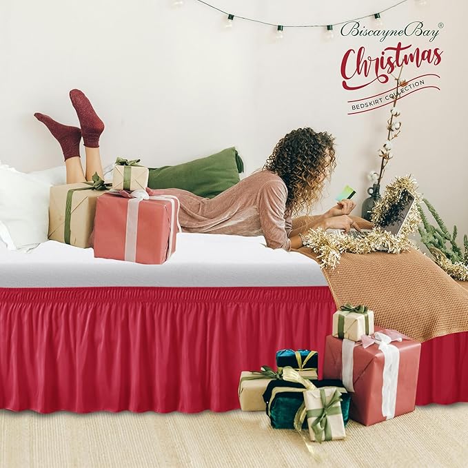 Biscaynebay Wrap Around Bed Skirts for Queen Beds 15" Drop, Red Adjustable Elastic Dust Ruffles Easy Fit Wrinkle & Fade Resistant Silky Luxurious Fabric Machine Washable