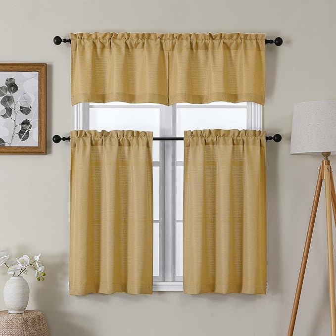Lecloud Bessie Gold Kitchen Curtains 36 Inch Length 2 Panels Set, Faux Linen Textured Light-Filtering Short Curtains for Small Windows Basement Dining Room, Dual Rod Pocket, Each 30 W x 36 L
