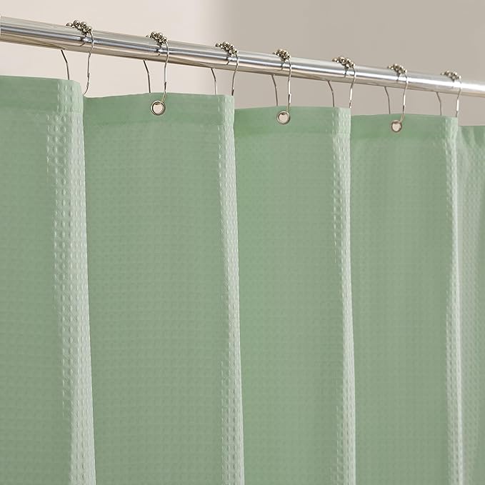 MONDAY MOOSE Scalloped Waffle Weave Shower Curtain with Rustproof Metal Grommet Holes for Bathroom, Machine Washable, Hooks Included (72x72 inch, Dark Green/Light Sage)